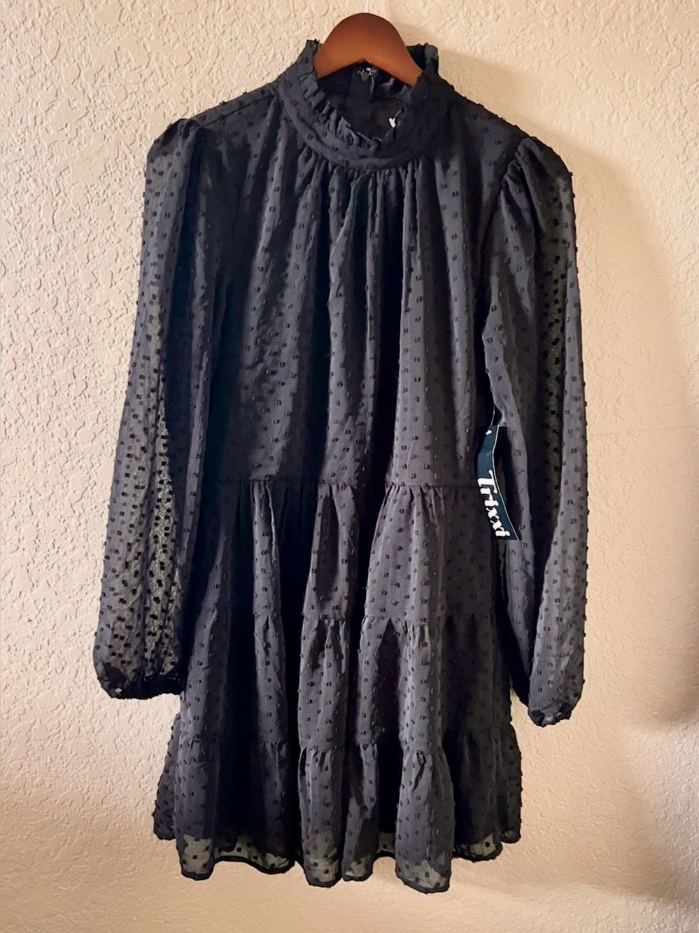 M Trixxi Black Swiss Dot Tiered Dress with Ruffle Neck Whimsigoth NWT